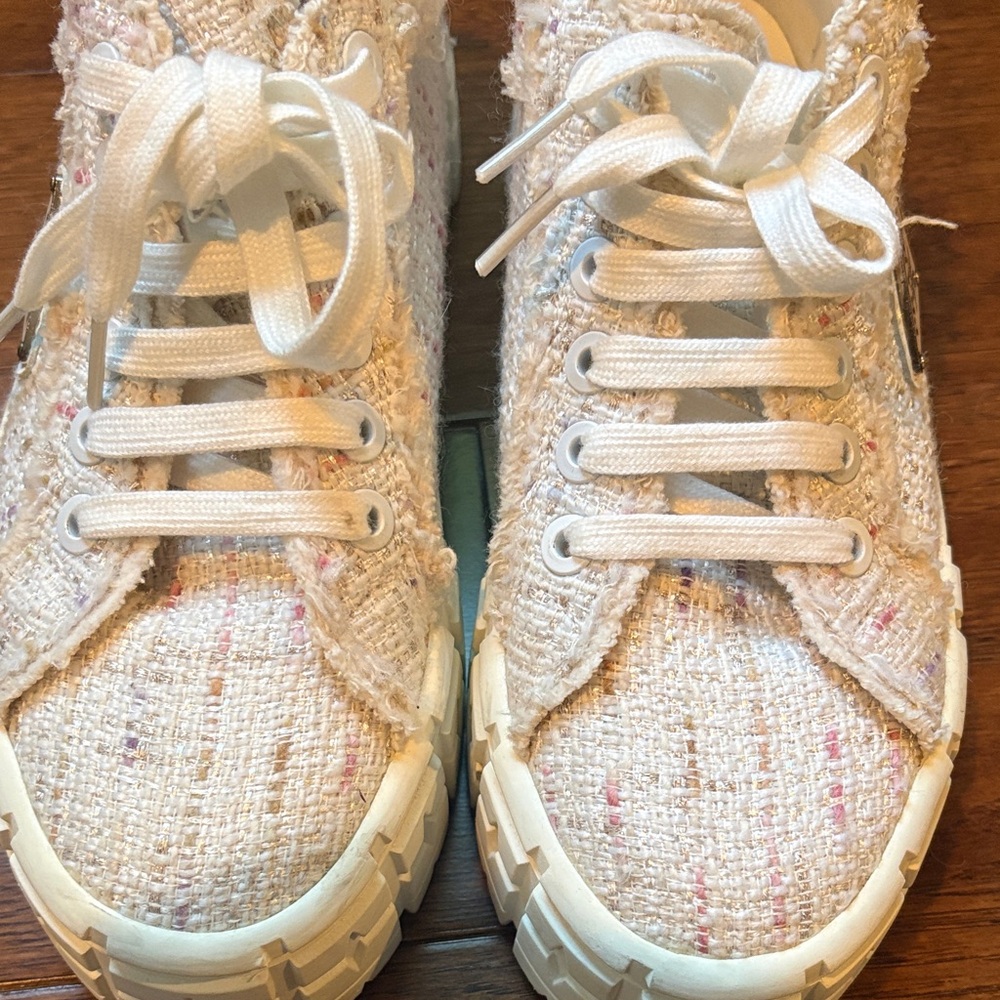 Prada Cream and Pink Tweed Lace-Up Sneakers with Subtle Multicolor Flecks - Picture 6 of 6